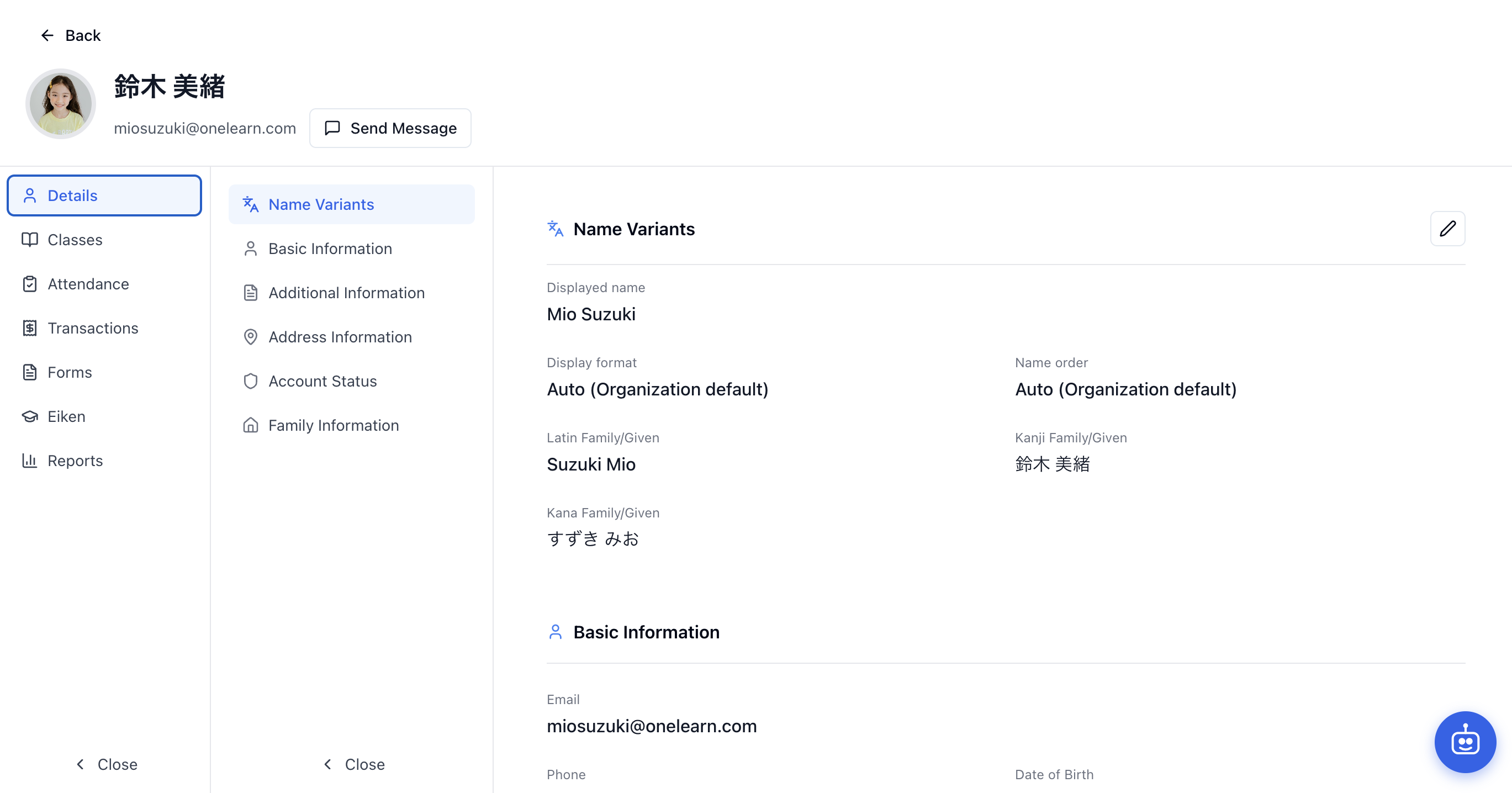 OneLearn student management dashboard